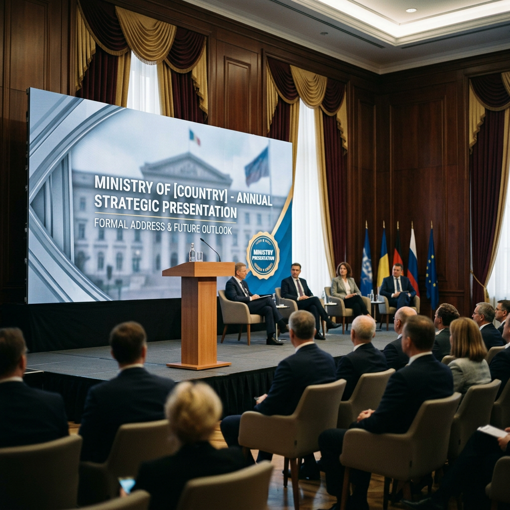 Audience and panel at government ministry strategic presentation