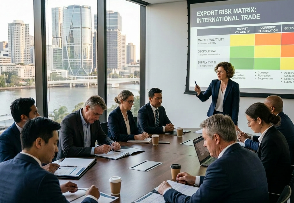 Business meeting discussing export risk matrix with city view